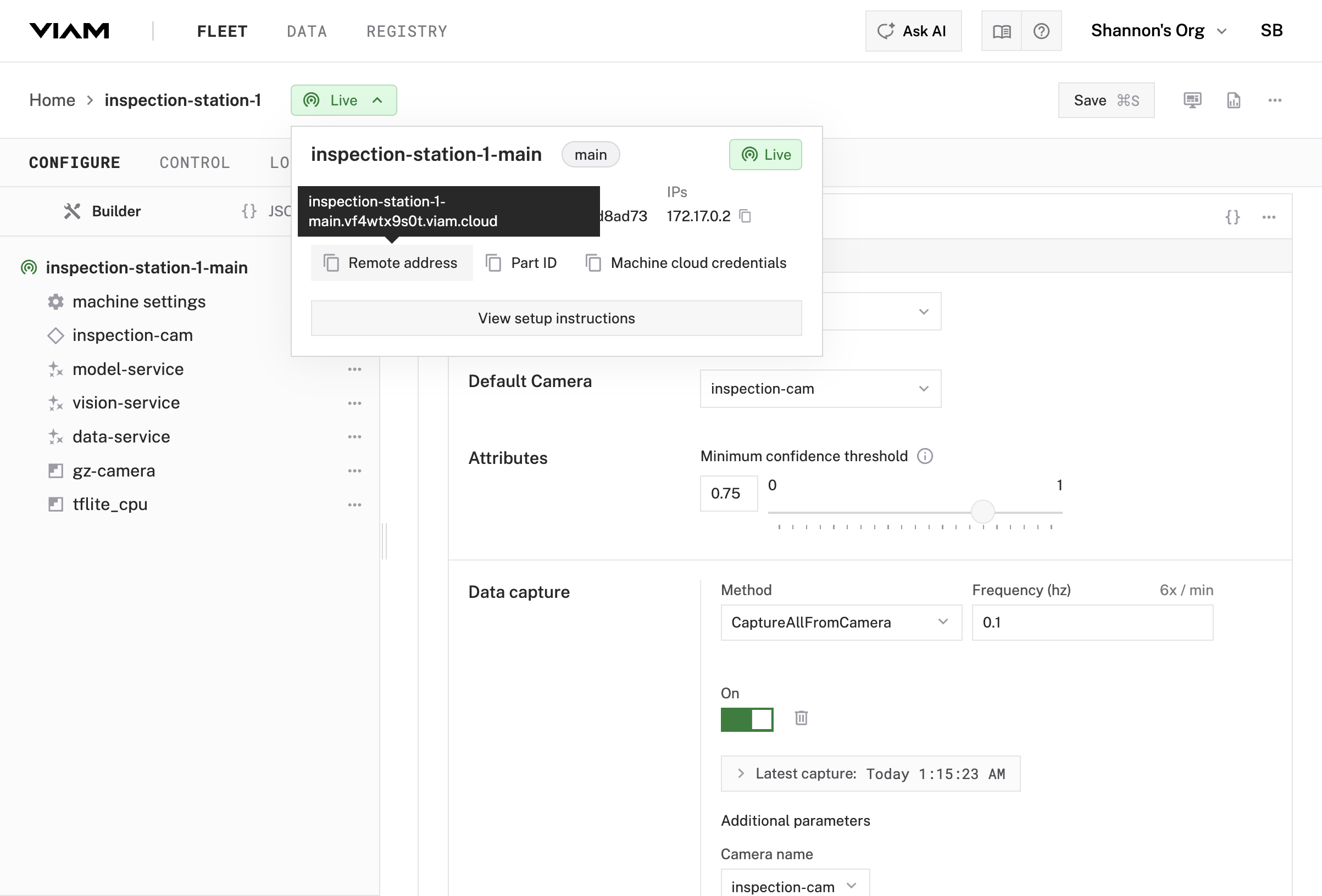 Live dropdown showing Remote address option with machine address visible.