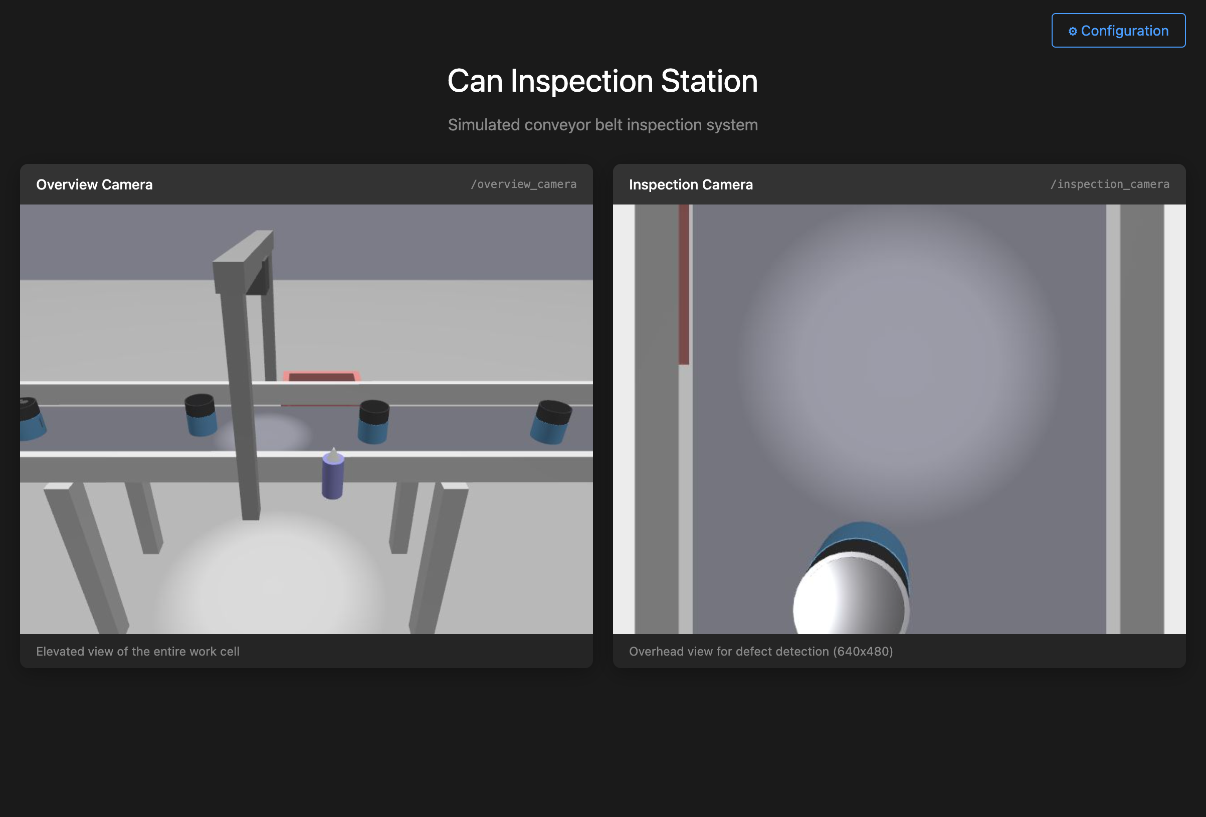 Simulation web viewer showing the Can Inspection Station with Overview Camera and Inspection Camera feeds.